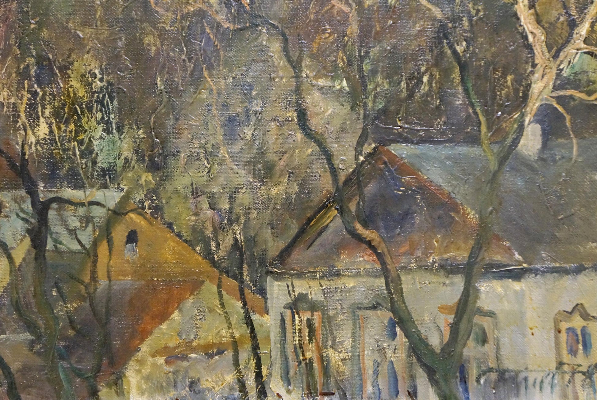 Oil painting Suburban Massif by Bazilev Sergey: rustic house with orange roof