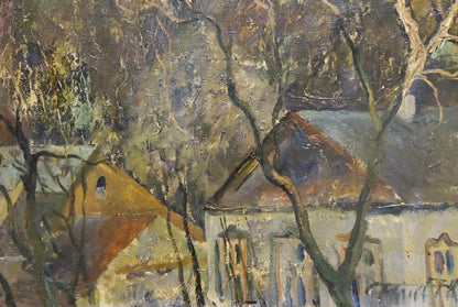 Oil painting Suburban Massif by Bazilev Sergey: rustic house with orange roof