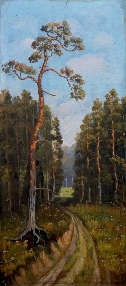 Oil painting of summer forest path with tall slender pine tree