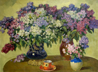 Oil painting Phlox by Suponin Petr Mikhailovich: vibrant lilacs in ornate blue vase