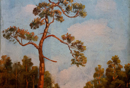 Oil painting of summer forest path with tall pine tree by unknown artist