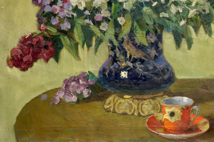 Oil painting Phlox by Suponin Petr Mikhailovich in blue vase
