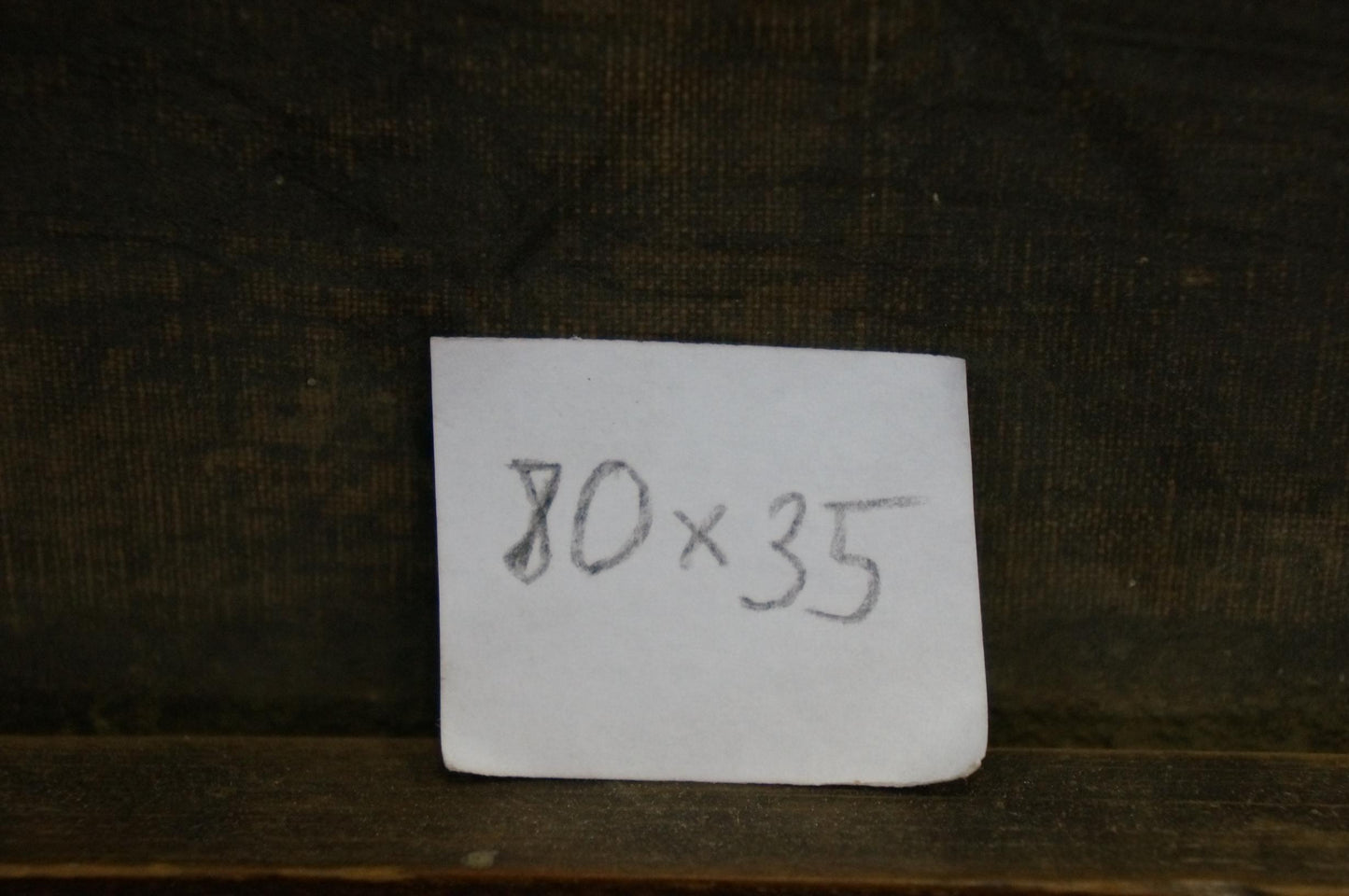 White 80x35 sticky note on back of Oil painting Path in the summer forest