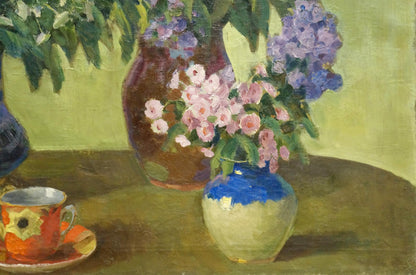 Oil painting Phlox by Suponin Petr Mikhailovich with pink roses in blue rim vase