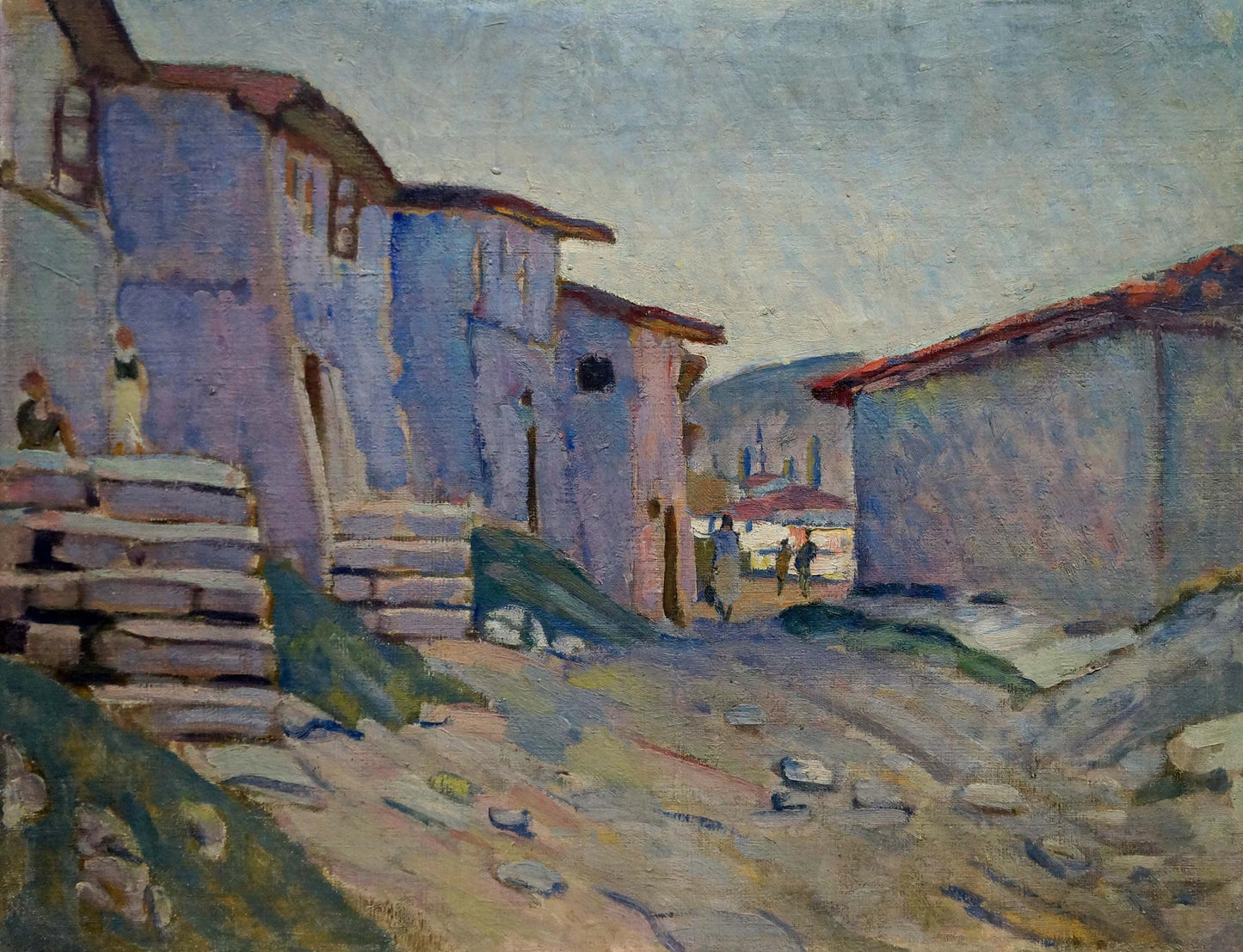 Oil painting of sunlit narrow city alley with weathered blue purple buildings