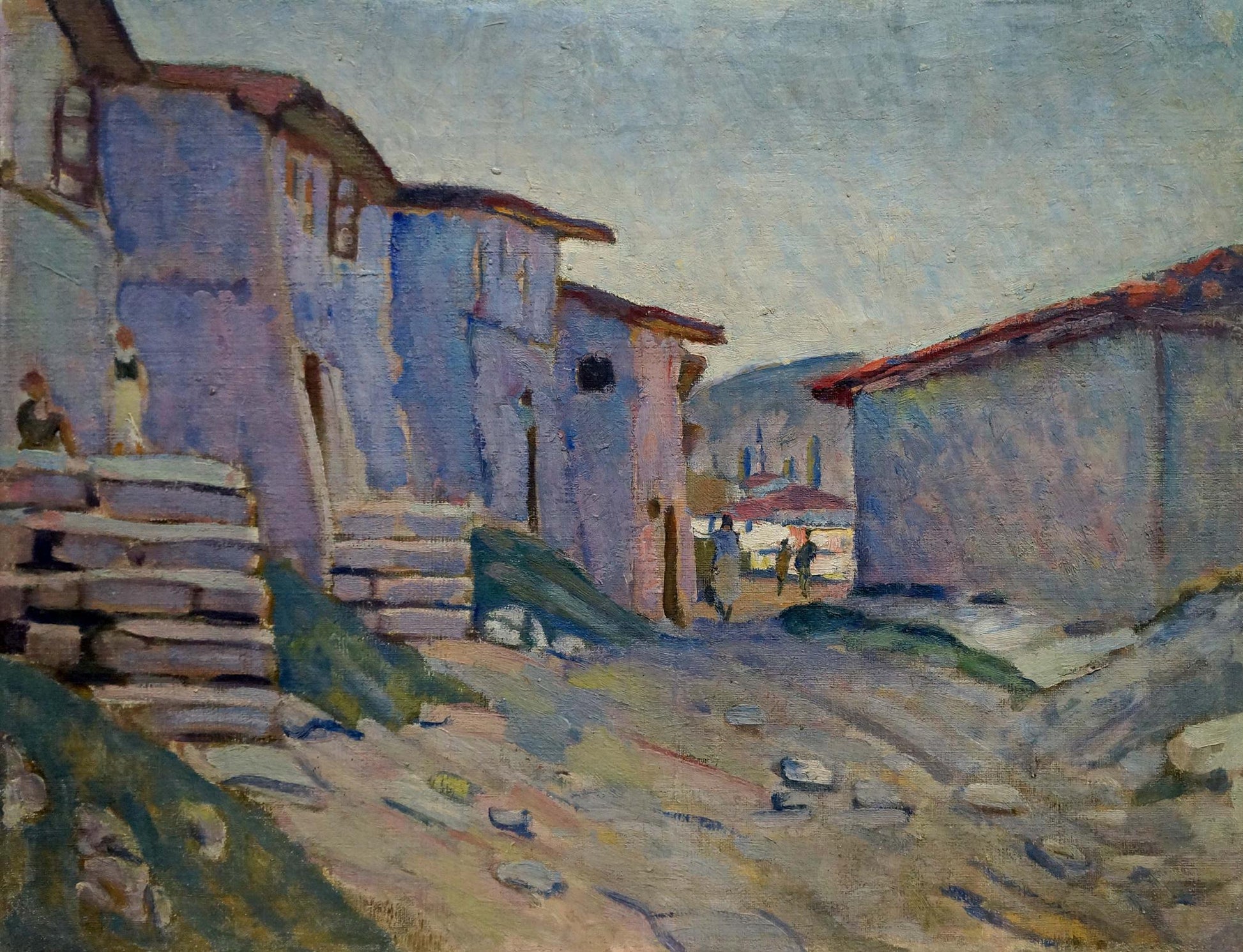 Oil painting of sunlit narrow city alley with weathered blue purple buildings