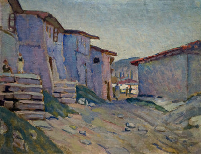 Oil painting of sunlit narrow city alley with weathered blue purple buildings