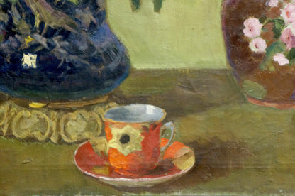 Oil painting Phlox by Suponin Petr Mikhailovich: impressionistic orange floral teacup and saucer
