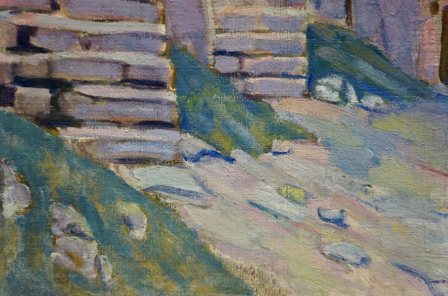 Impressionistic oil painting of city streets stone staircase and greenery