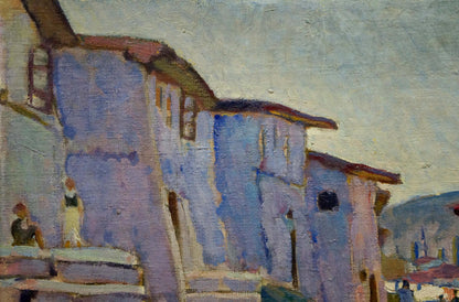 Oil painting The streets of the city: textured blue purple building with red-brown roof under pale sky