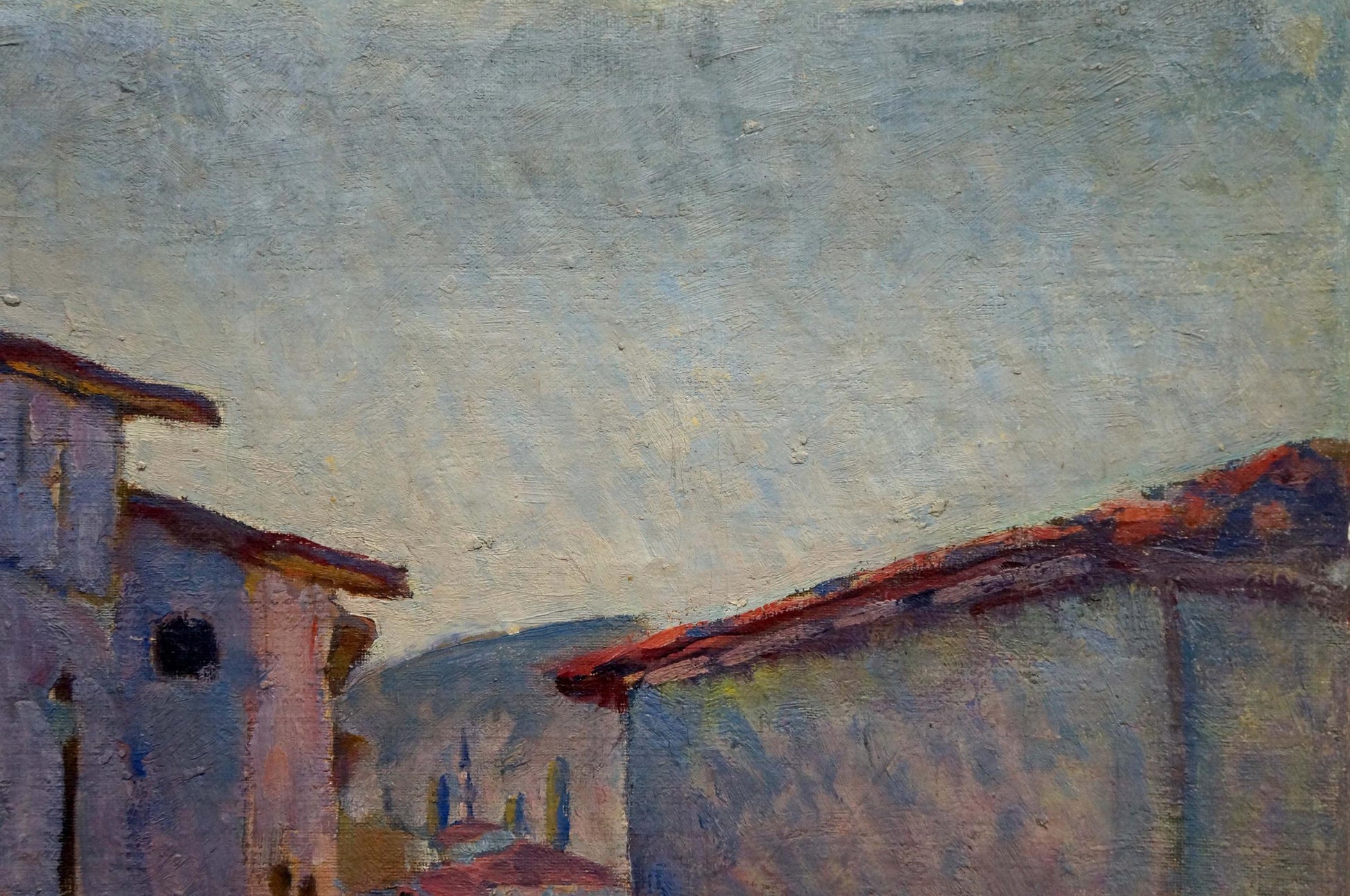 Textured oil painting of city rooftops under muted sky, The streets of the city