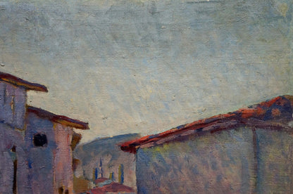 Textured oil painting of city rooftops under muted sky, The streets of the city