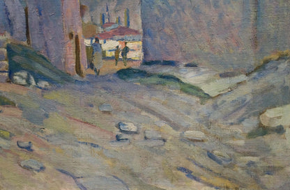 Oil painting The streets of the city: textured cobblestone street in muted earth tones