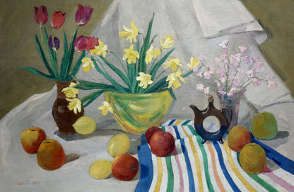 Oil painting still life with spring gifts: colorful flowers and fruits