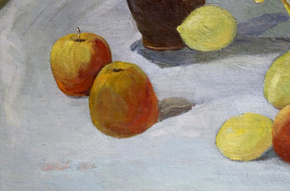 Oil painting still life with ripe red apples and yellow lemons