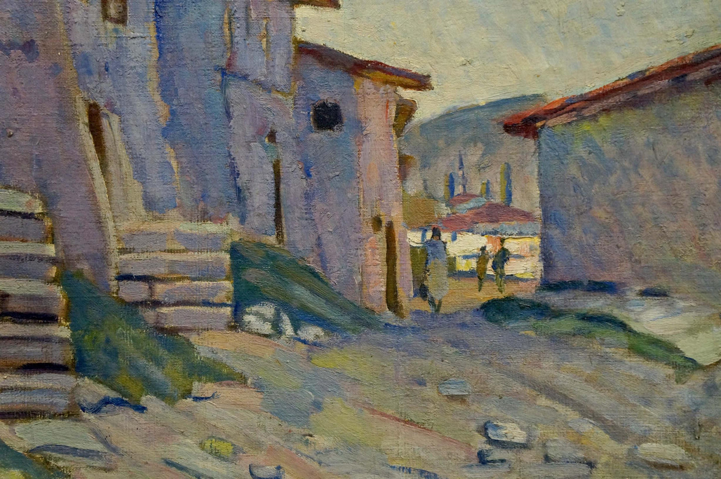 Oil painting The streets of the city: sunlit alleyway in muted purples and blues