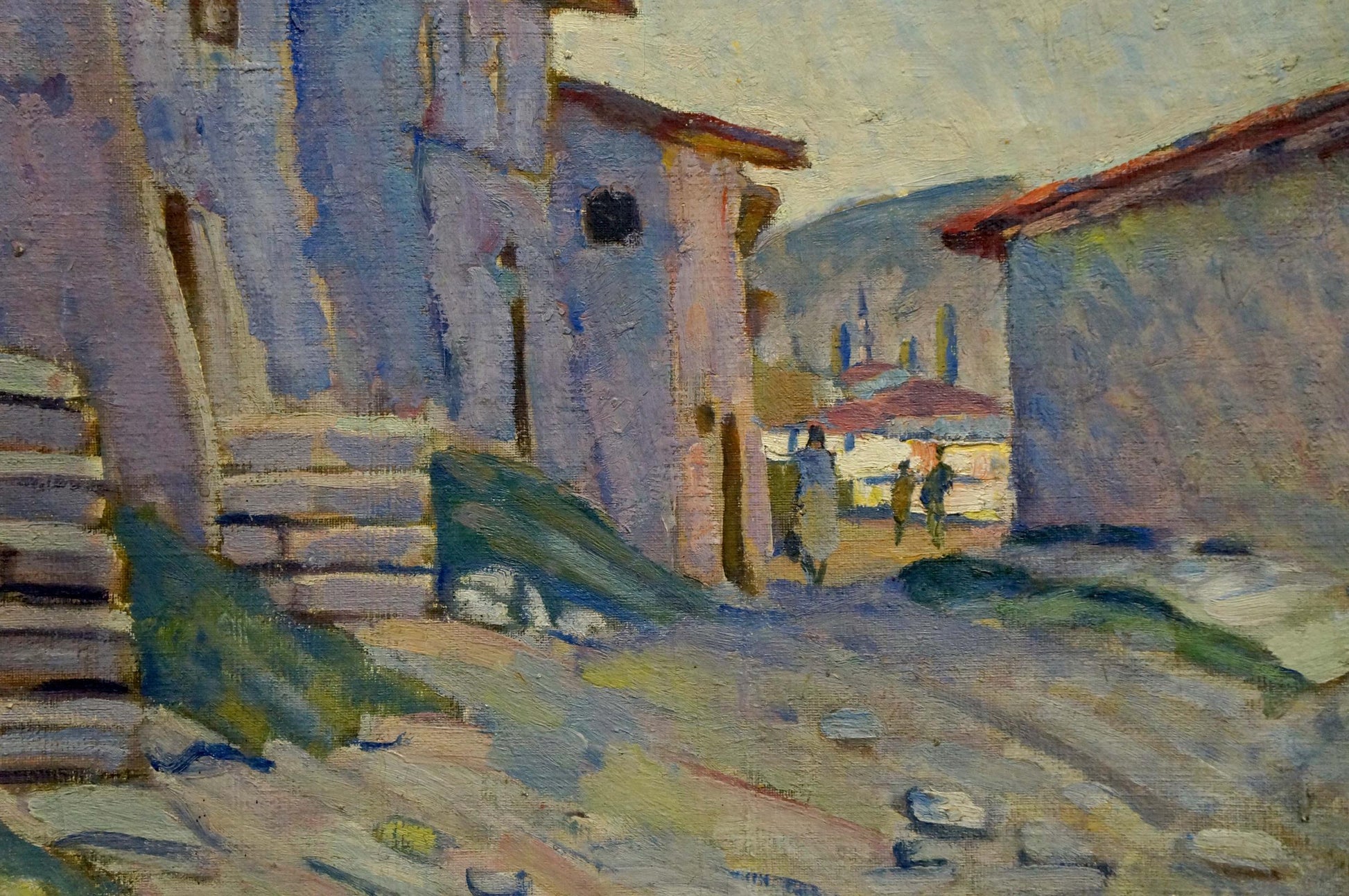 Oil painting The streets of the city: sunlit alleyway in muted purples and blues