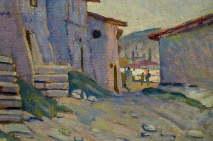 Oil painting The streets of the city: sunlit alleyway in muted purples and blues