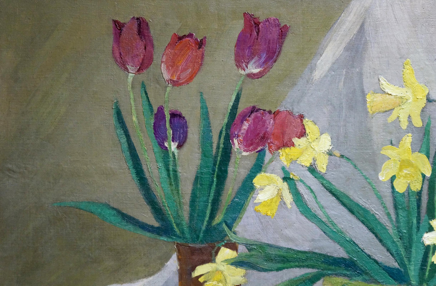 Oil painting of purple red yellow tulips daffodils in brown vase