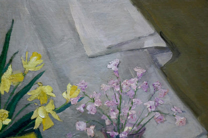 Oil painting still life with pink yellow daffodils by unknown artist