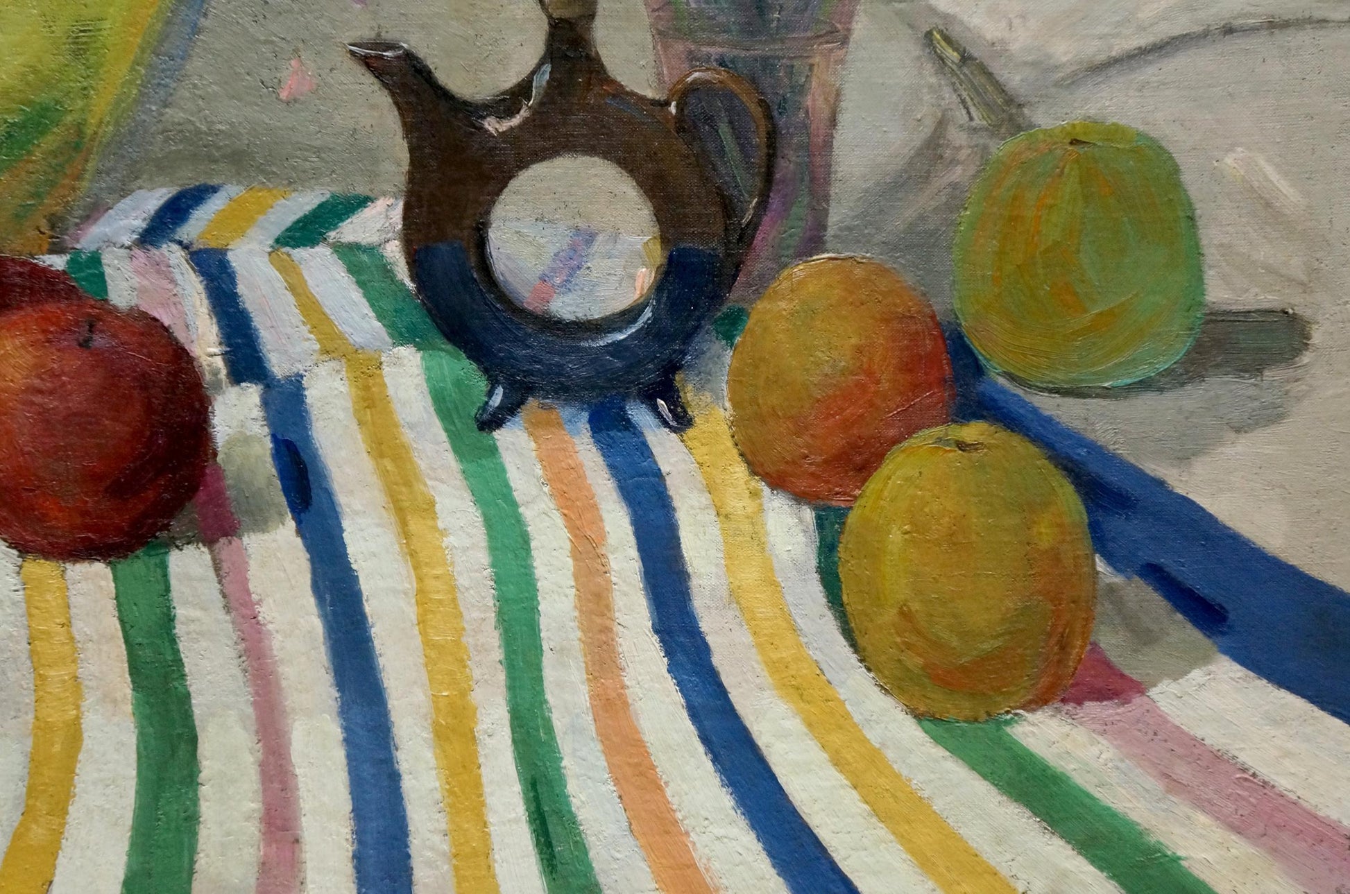 Oil painting of dark brown glossy ceramic teapot on striped cloth