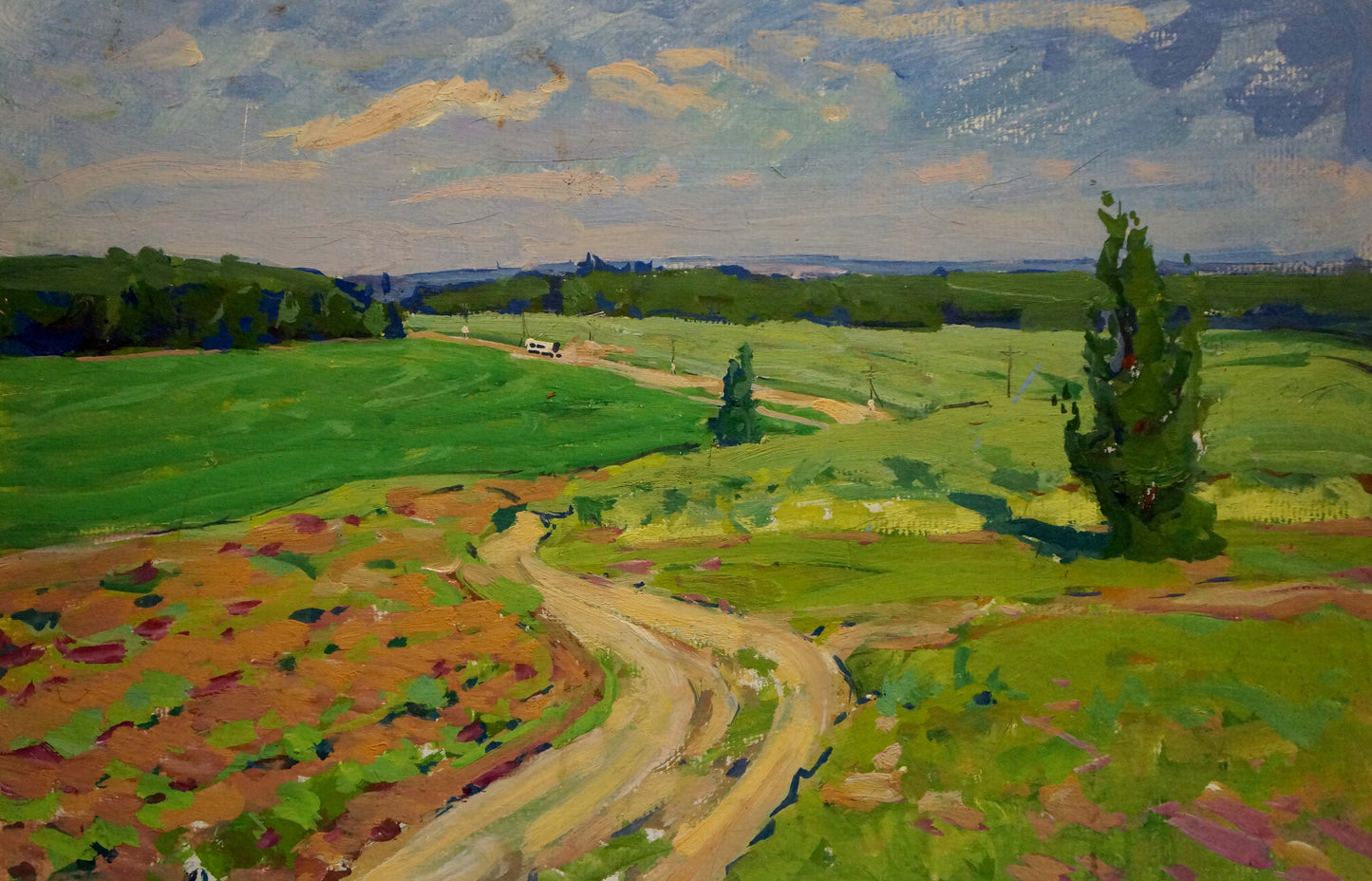 Oil painting Road to Town by Fomin Anatoly Nikiforovich, winding dirt road in green landscape