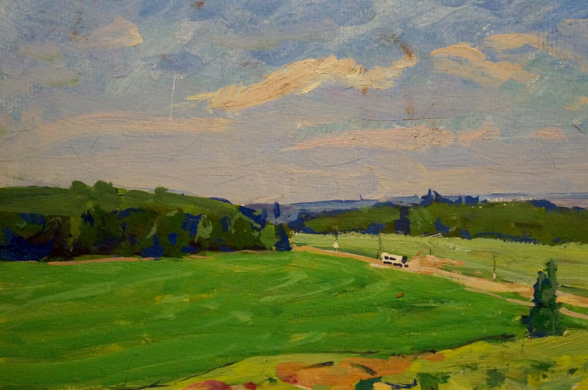 Oil painting Road to town by Fomin Anatoly Nikiforovich: white camper van on dirt road in green field under cloudy sky
