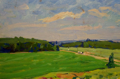 Oil painting Road to town by Fomin Anatoly Nikiforovich: white camper van on dirt road in green field under cloudy sky