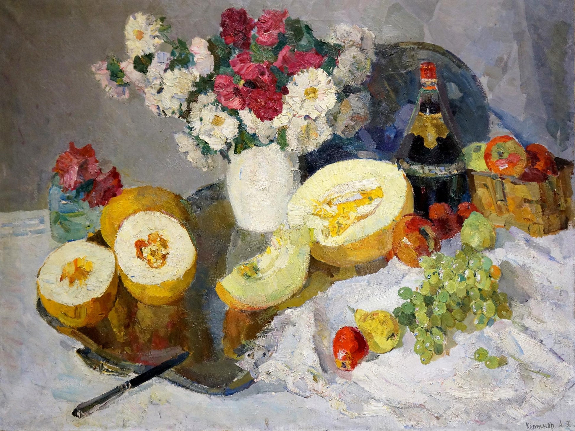 Oil painting by Alexander Kerzhner: pink white flowers in white vase