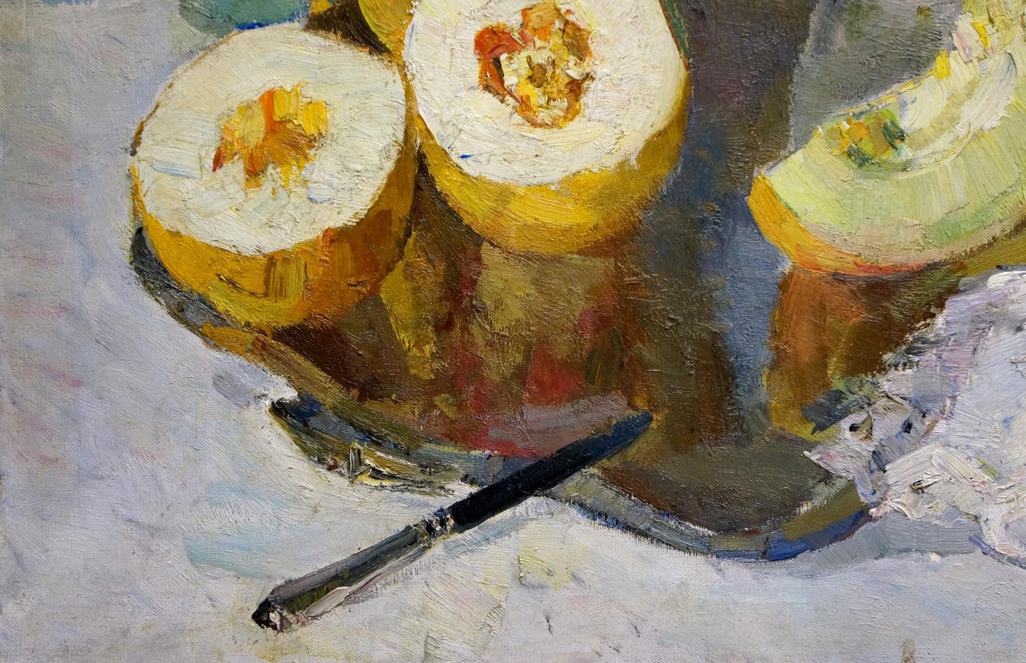 Impressionistic oil painting of sliced yellow melon and flowers on table by Alexander Kerzhner