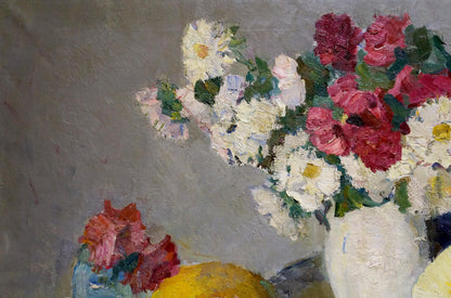 Oil painting of flowers and melon on table by Alexander Kerzhner