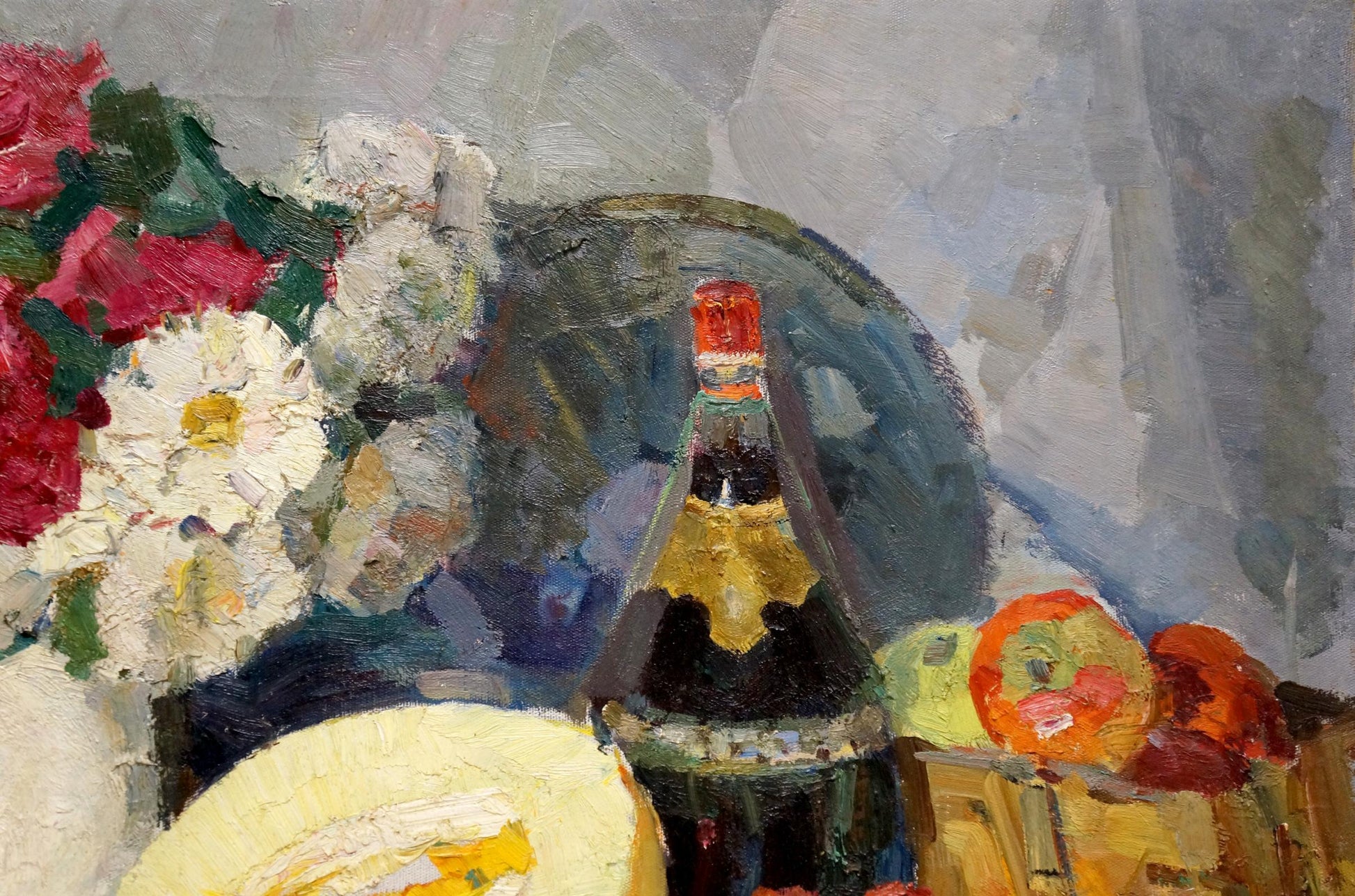 Oil painting Flowers and melon on the table by Alexander Kerzhner in amber bottle