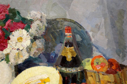 Oil painting Flowers and melon on the table by Alexander Kerzhner in amber bottle