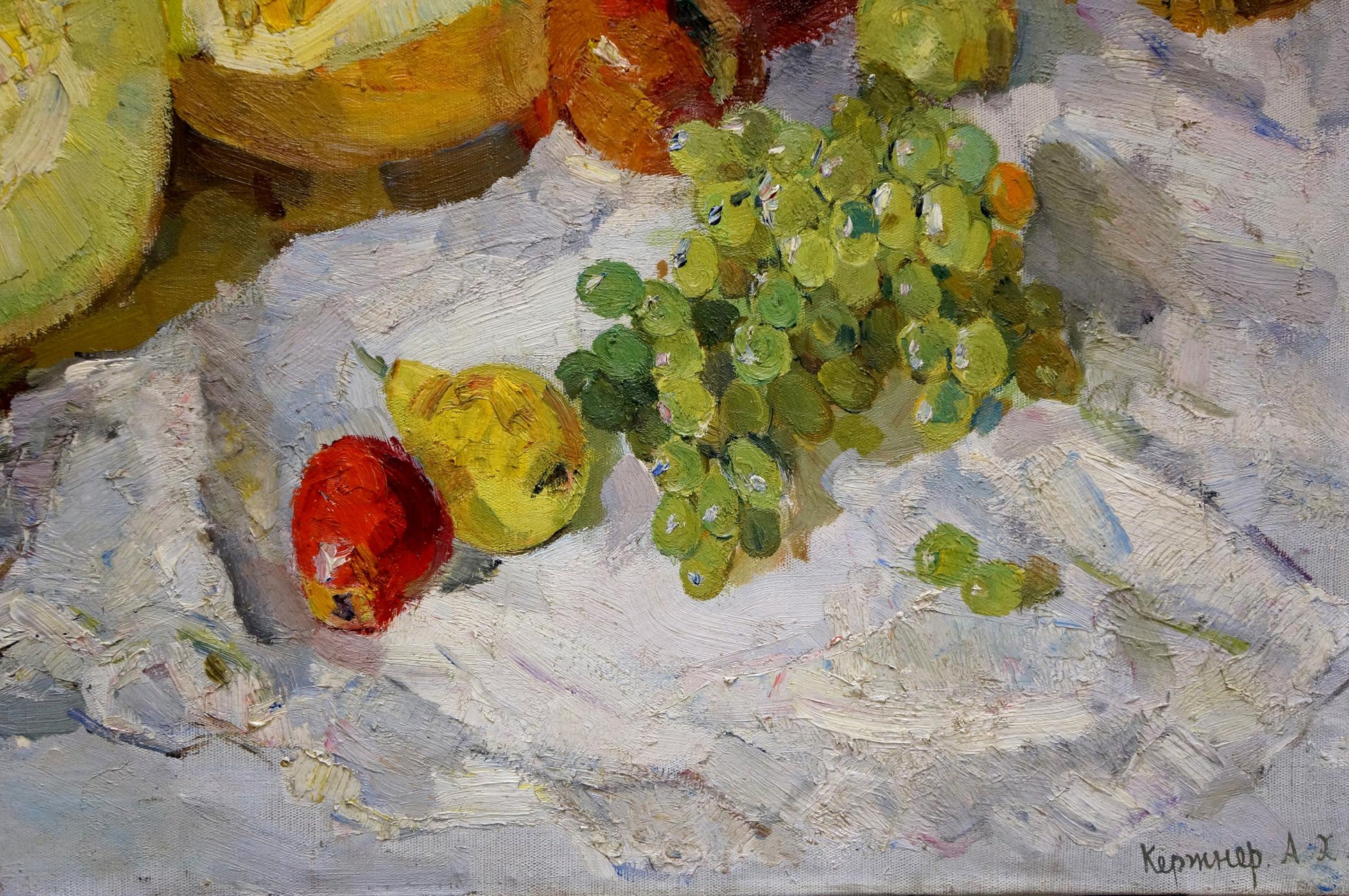Impressionistic oil painting of green grapes, orange accents, flowers and melon on table by Alexander Kerzhner