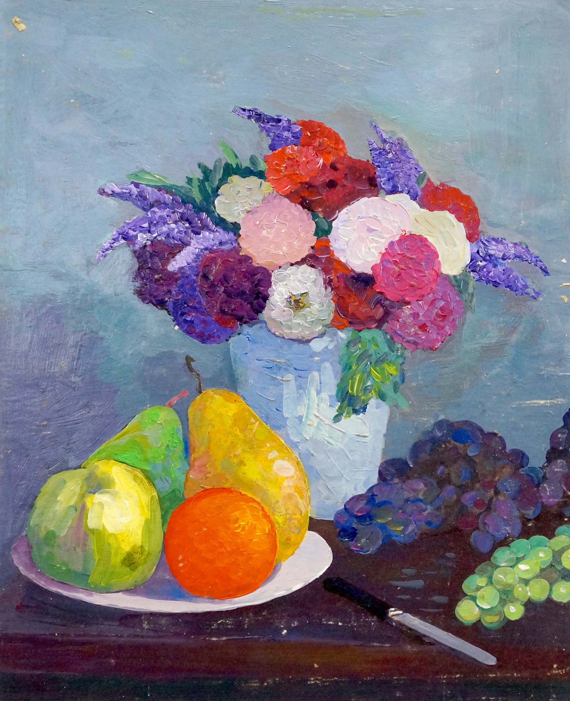 Oil painting of vibrant mixed flowers in light blue vase by unknown artist