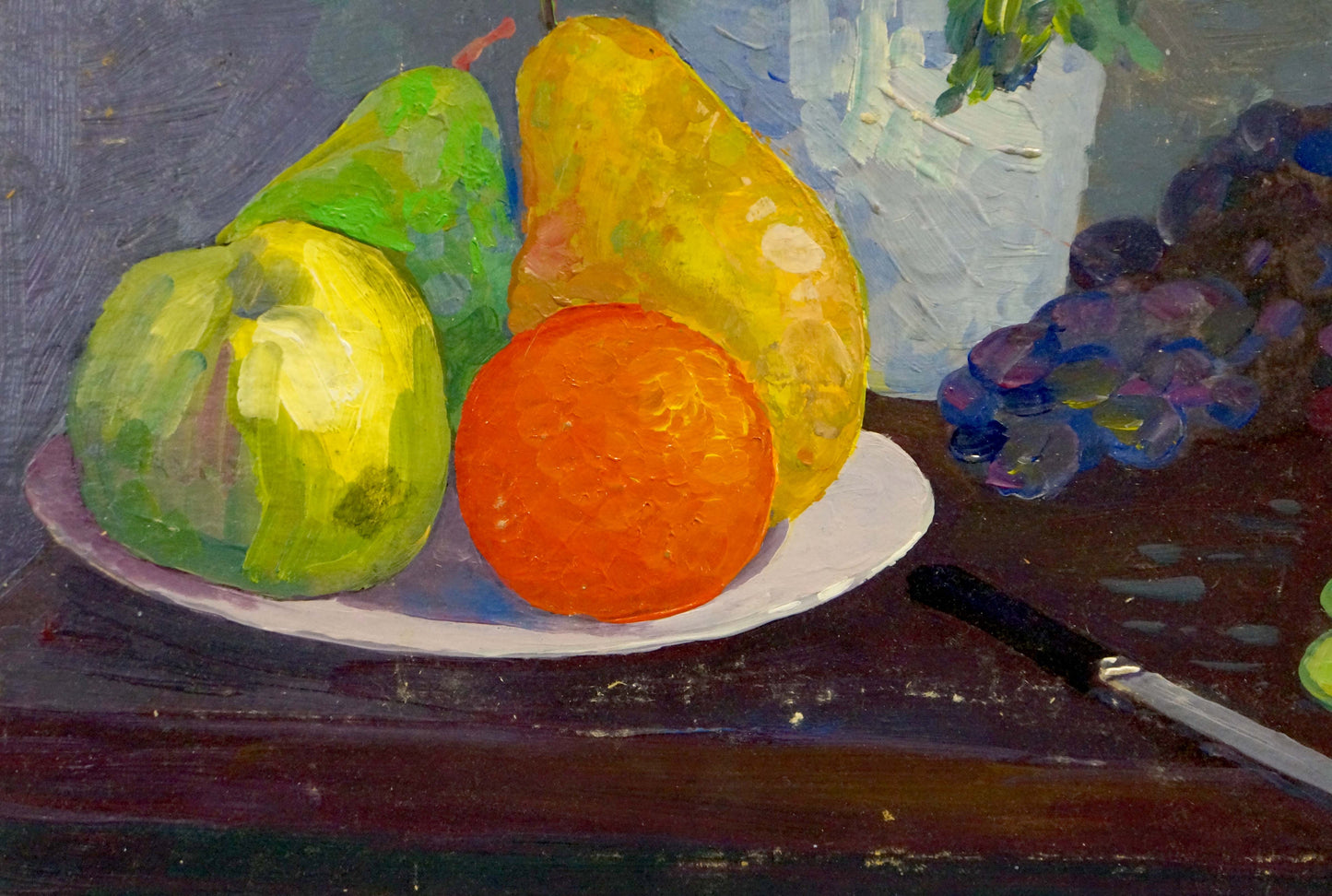 Oil painting of vibrant orange fruit and pears on white plate by unknown artist