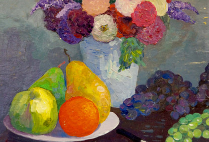 Oil painting Sweet still life and flowers with vibrant purple pink red blooms