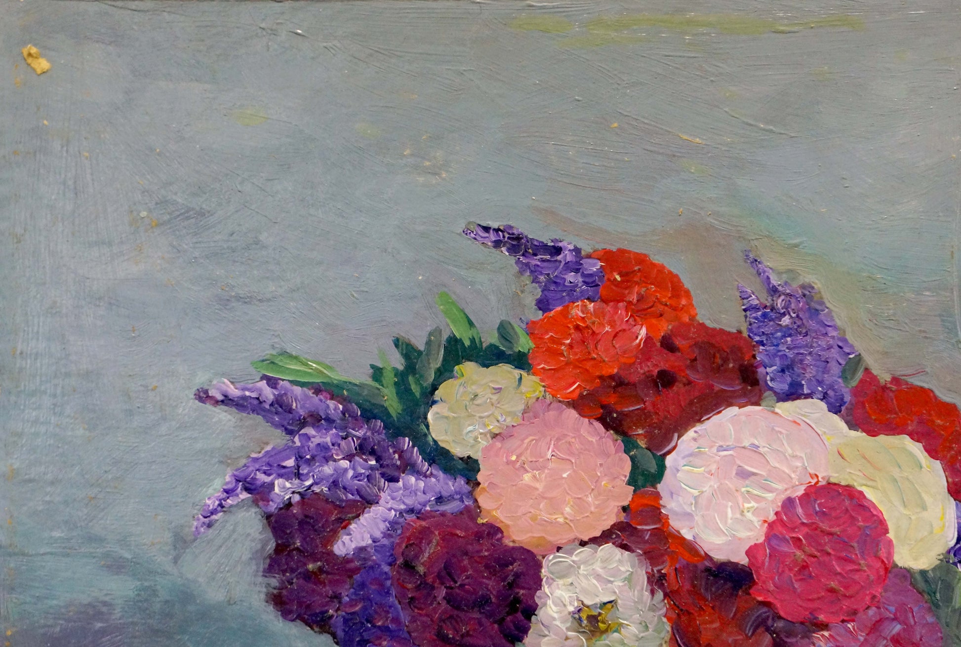 Vibrant oil painting of sweet still life flowers in purples, reds, pinks, whites