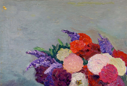 Vibrant oil painting of sweet still life flowers in purples, reds, pinks, whites