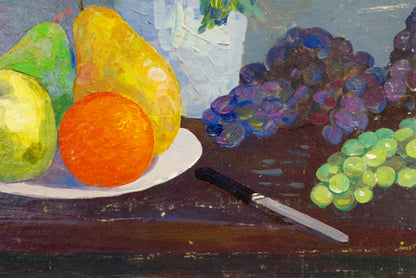 Oil painting of sweet still life with pears, orange, grapes on plate