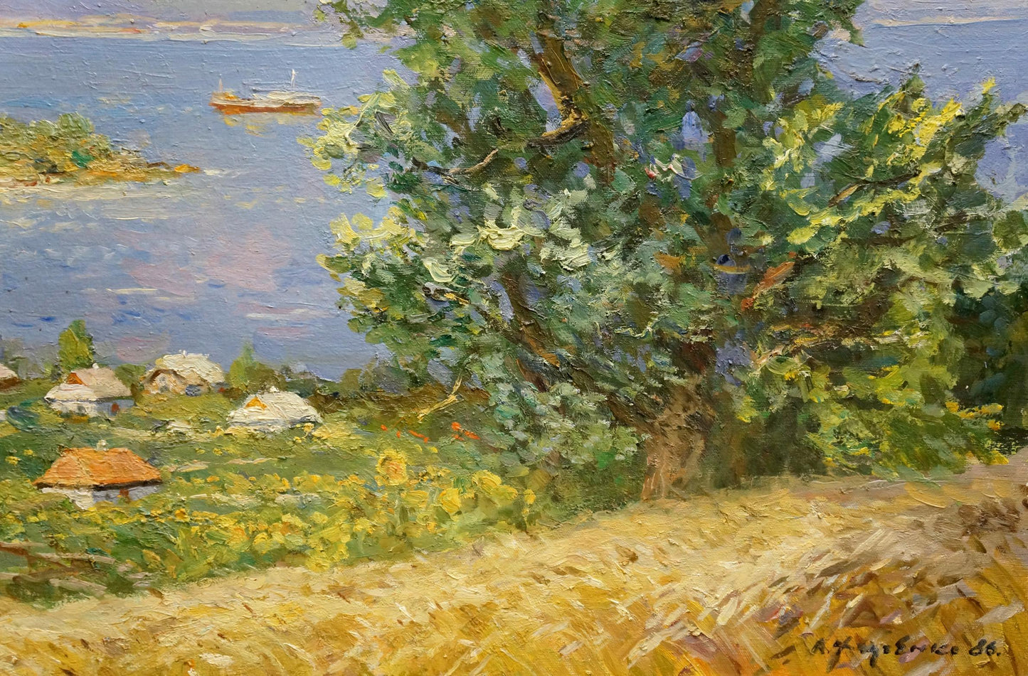 Lush green tree in sunlit landscape oil painting by Khodchenko Lev Pavlovich