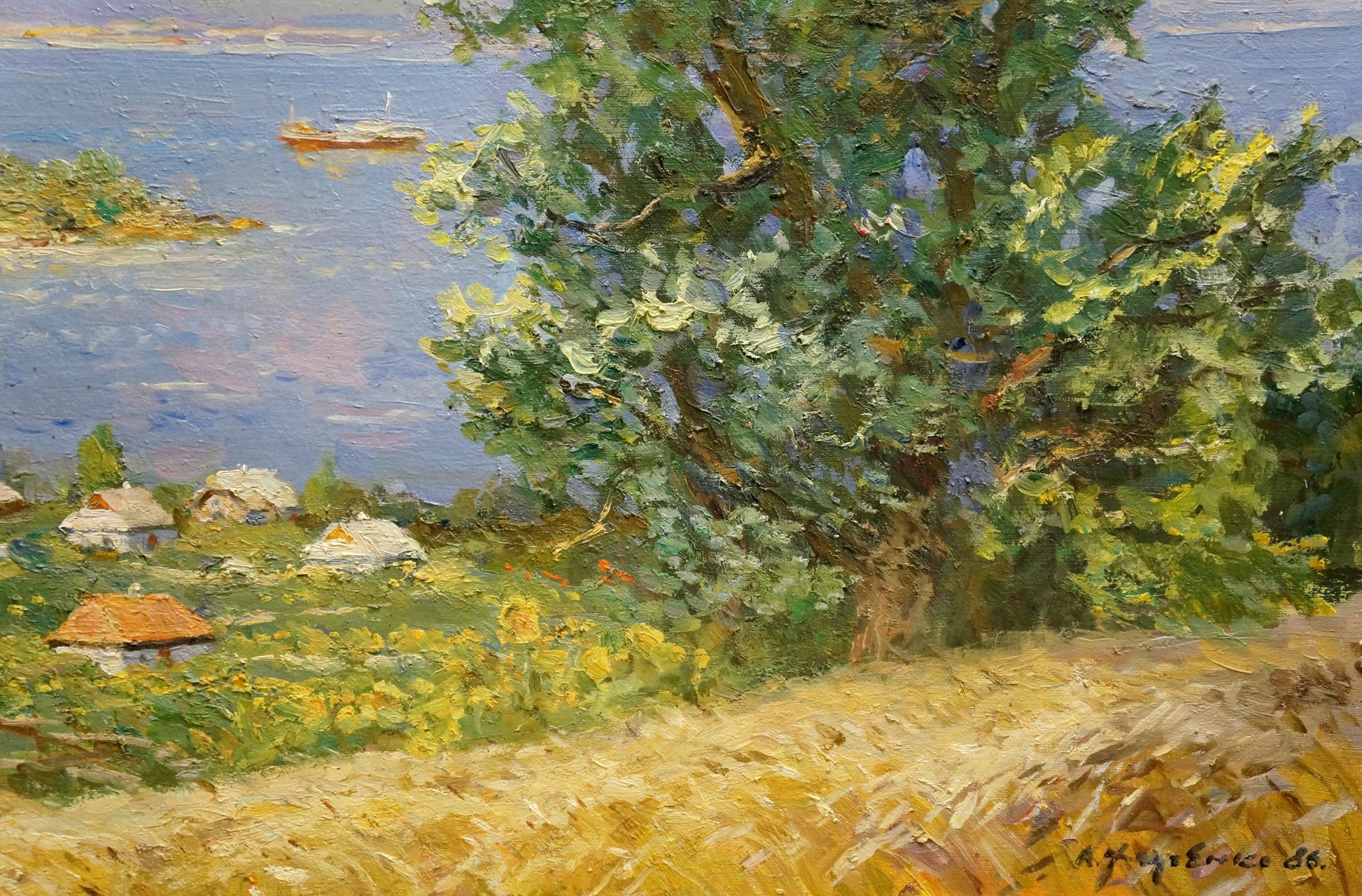 Lush green tree in sunlit landscape oil painting by Khodchenko Lev Pavlovich