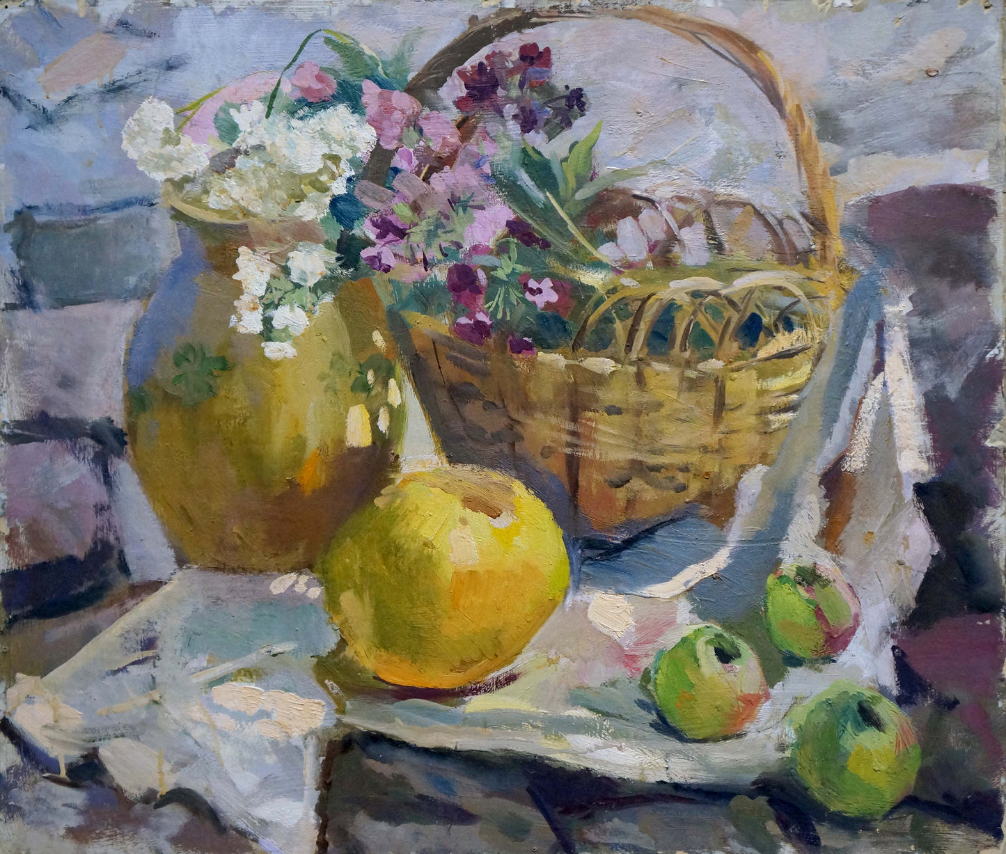 Oil painting Flowers and fruits: woven wicker basket with white purple bouquet