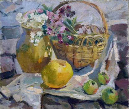 Oil painting Flowers and fruits: woven wicker basket with white purple bouquet