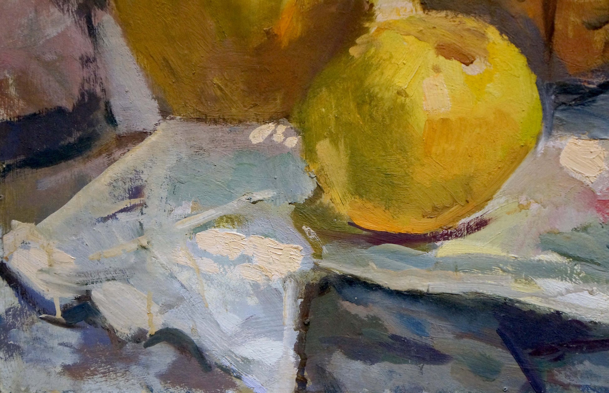 Vibrant yellow citrus fruit in impressionistic impasto oil painting with flowers