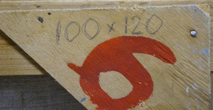Back of Oil painting Landscape Khodchenko Lev Pavlovich: weathered wooden triangle with red 6 and 100x120 cm