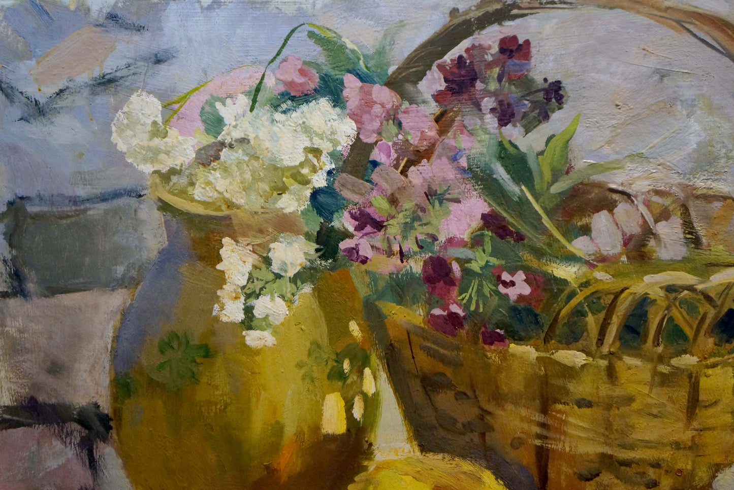 Oil painting Flowers and fruits: yellow vase with green floral patterns and lush blooms