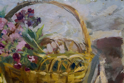 Oil painting of woven yellow basket with pink purple flowers