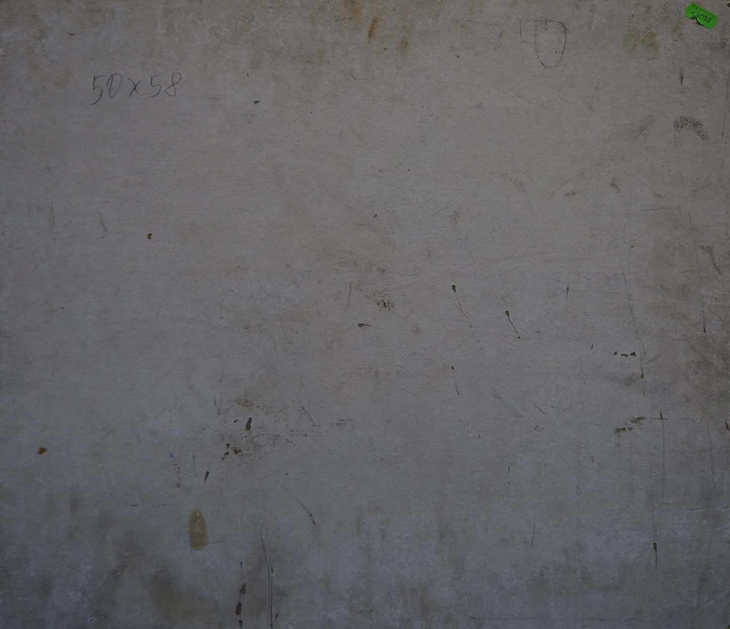Back of Oil painting Flowers and fruits on weathered off-white wall with pencil marks and green sticker