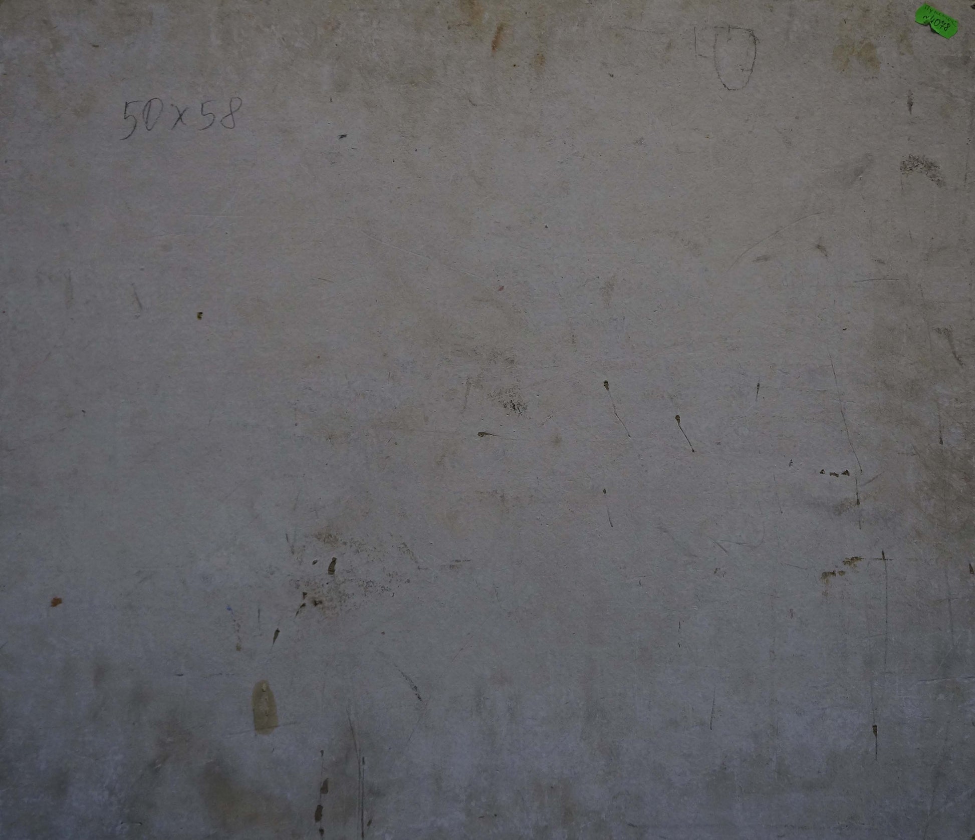 Back of Oil painting Flowers and fruits on weathered off-white wall with pencil marks and green sticker